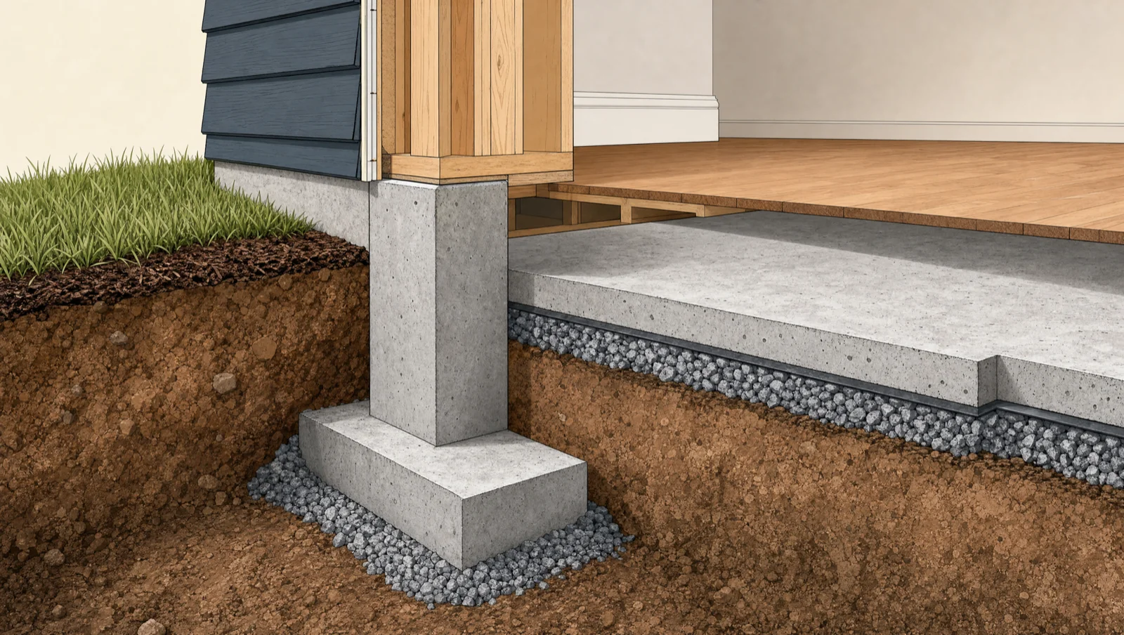Architectural cutaway illustration of a residential foundation cross-section, showing the footing, concrete pier, stem wall, and slab layers beneath a wood-framed house, with gravel drainage and soil visible below grade.